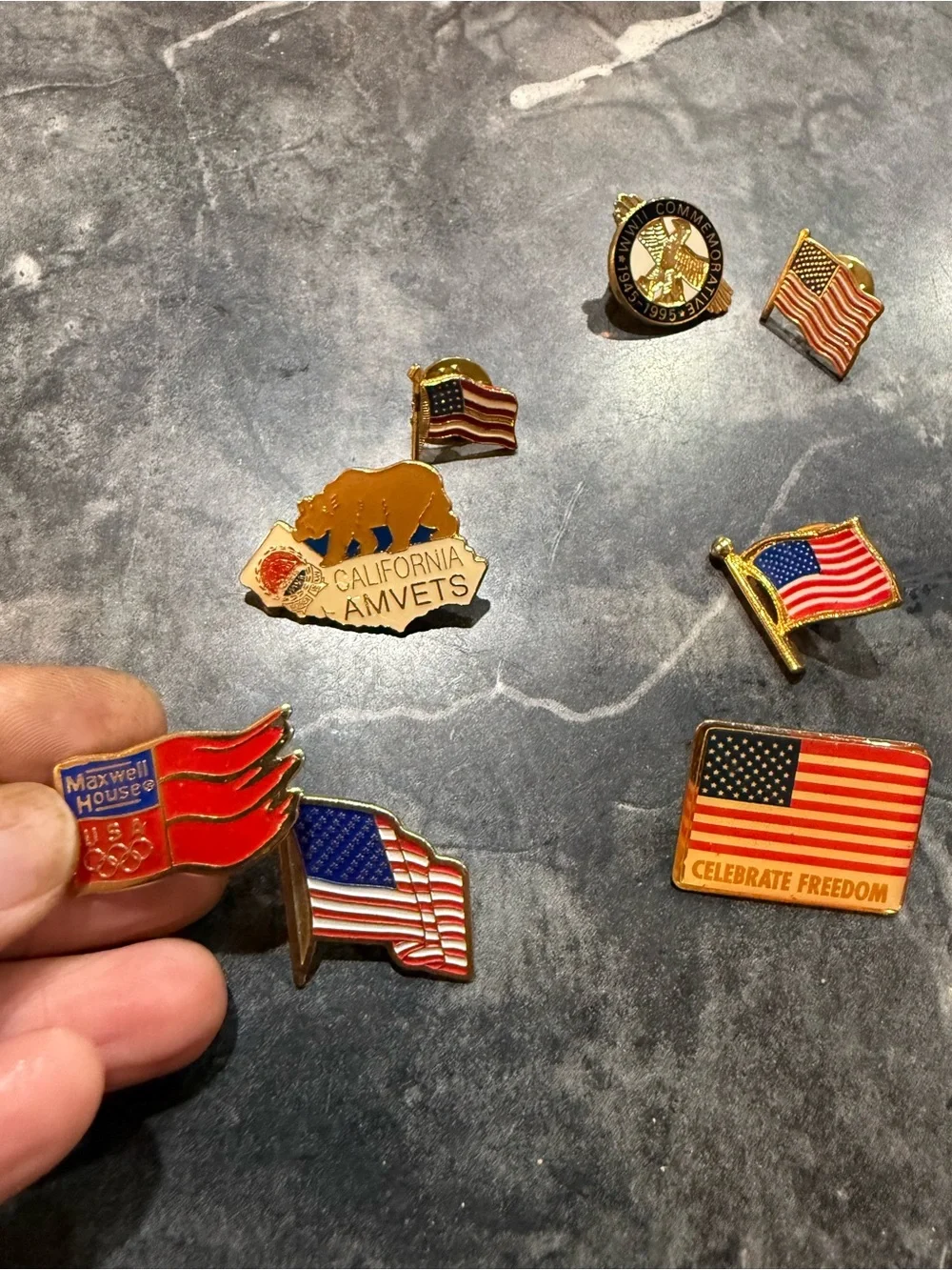 USA Patriotic American Flag Lapel Pin Set Red White Blue WW2 Comm Maxwell House